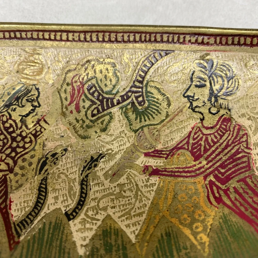 Vintage Decorative Brass Tray Hand‎ Painted Figurines Snake Scene